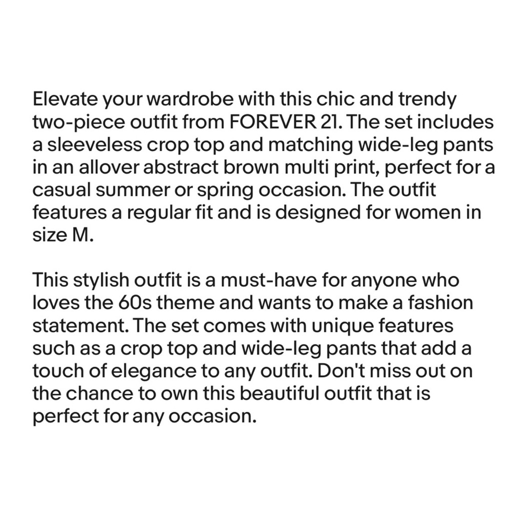 NWT Forever 21 Set| Allover Abstract Brown Multi Crop‎ Top & Matching Pants - M - Picture 5 of 5